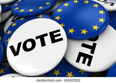 EU Elections Concept Image - Mix Of Vote And EU Flag Badges In Pile - 3D Illustration