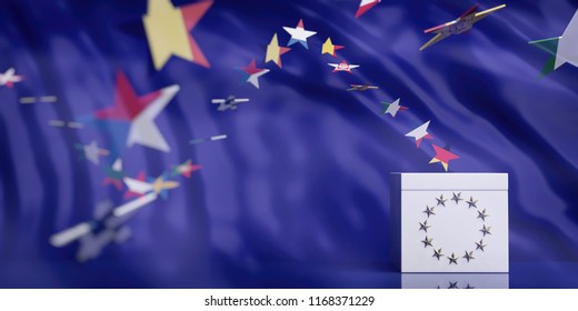 EU Elections Concept. White Ballot Box On European Union Flag Abstract Background. 3d Illustration