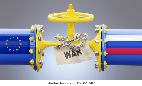 EU Europe and Russia oil and gas sanctions, stand-off and war. Squeezed gas pipe symbolizes the LNG embargo, crisis and upcoming price rises., 3d illustration