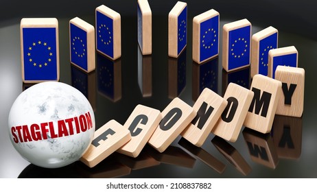 EU Europe and stagflation, economy and domino effect - chain reaction in EU Europe set off by stagflation causing a crash - economy blocks and EU Europe flag, 3d illustration