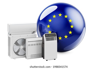 The EU Flag With Cooling And Climate Electric Devices. Manufacturing, Trading And Service Of Air Conditioners In The European Union, 3D Rendering Isolated On White Background