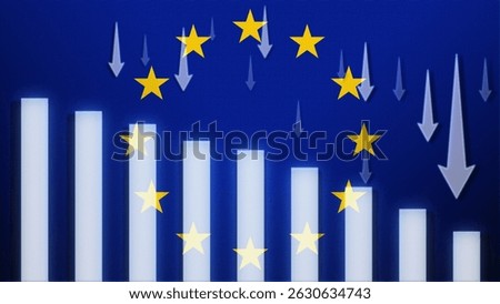 EU flag with a declining bar chart and down arrows, symbolizing decline in data, performance, or various indicators.