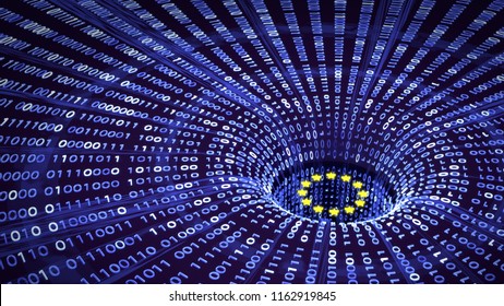 EU GDPR data bytes falling into a wormhole with EU stars. 3D illustration