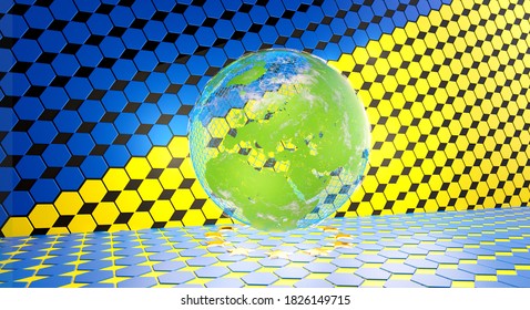 EU And Green Earth Design. Colors Of The Flag Of Europe. Hexagonal Grid Design Background 3d-illustration. Elements Of This Image Furnished By NASA