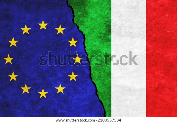 EU and Italy\
painted flags on a wall with a crack. Italy and European Union\
relations. EU and Italy flags\
together
