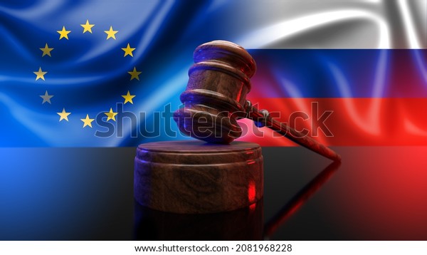 EU sanctions against Russia. Russia-EU Rule\
of Law dispute. 3d\
illustration