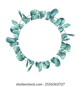 Eucalyptus branches, wreath, round frame. Hand drawn watercolor isolated botanical illustration. For design, decor, typography and printing, souvenirs - Powered by Shutterstock