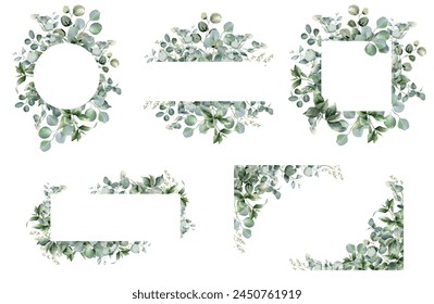 Eucalyptus leaves border set. Watercolor illustration isolated on white. Greenery clipart for wedding invitation, greeting cards, save the date, stationery design. Hand drawn sage green herbs - Powered by Shutterstock