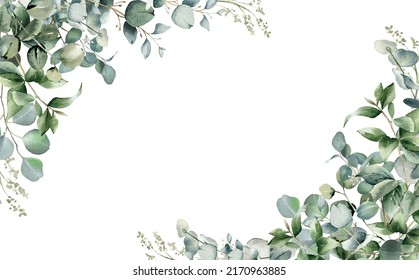 Eucalyptus Leaves Border. Watercolor Illustration Isolated On White. Greenery Clipart For Wedding Invitation, Greeting Cards, Save The Date, Stationery Design. Hand Drawn Green Herbs