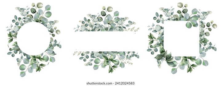 Eucalyptus watercolor illustration. Set of trendy greenery frames. Sage green border.  Elegant foliage design for wedding, card, logo, label,  invitation, greeting  background - Powered by Shutterstock