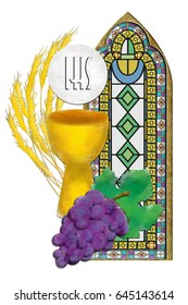 Eucharist Symbols With Chalice And Host, Bread And Wine, With Wheat Ears And Grapes Cluster And Church Stained Glass Window. First Communion Abstract Texture Illustration.