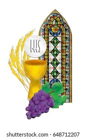 Eucharist Symbols With Chalice And Host, Bread And Wine, With Wheat Ears And Grapes Cluster And Church Stained Glass Window. First Communion Abstract Texture Illustration.