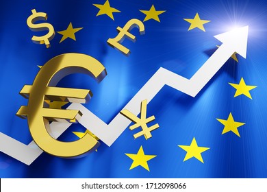 EUR Euro Currency With European Union (EU) Flag Money Exchange Rate Grow Rising Up Business Financial Concept, 3D Rendering.