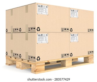 Eur Pallet. Eur Pallet With Pile Of Brown Cardboard Boxes. Detailed Shipping Labels.