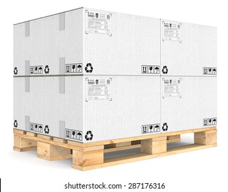 Eur Pallet. Eur Pallet With Pile Of White Cardboard Boxes. Detailed Shipping Labels.