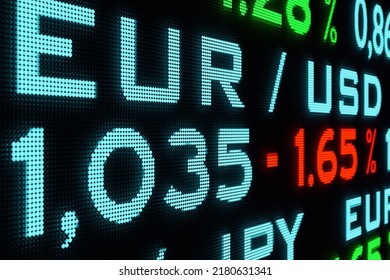 EUR - USD exchange rate. Euro falls against US Dollar. Currency exchange LED screen with price information and percentage changes. Currency trading and Euro concept. 3D illustration