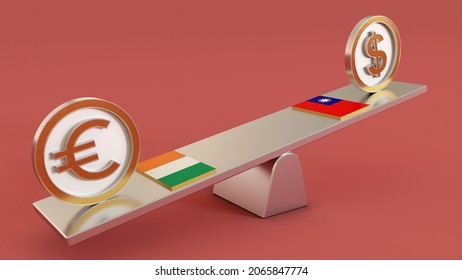 EUR Vs TWD Ireland Euro Vs Taiwan Doller Symbol Sign 3D Golden Currency On Seesaw And Both Countrys Flage 3D Render Isolated On Pink Background