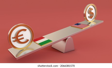 EUR Vs USD Italy Euro Vs United States Doller Symbol Sign 3D Golden Currency On Seesaw And Both Countrys Flage 3D Render Isolated On Pink Background.