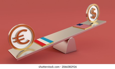 EUR Vs USD Luxembourg Euro Vs United States Doller Symbol Sign 3D Golden Currency On Seesaw And Both Countrys Flage 3D Render Isolated On Pink Background.