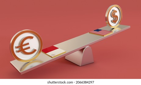 EUR Vs USD Malta Euro Vs United States Doller Symbol Sign 3D Golden Currency On Seesaw And Both Countrys Flage 3D Render Isolated On Pink Background