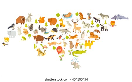 Eurasia Animals Map. Eurasian Mammal Map Silhouettes. Isolated On White Background Illustration. Crocodile, Raccoon, Hedgehog And Muskrat Cartoon Style. Colorful Cartoon Illustration.