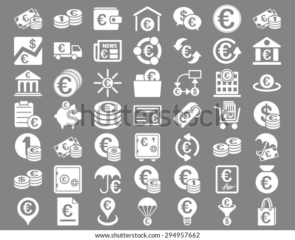 Euro Banking Icons. These\
flat icons use white color. Glyph images are isolated on a gray\
background. 
