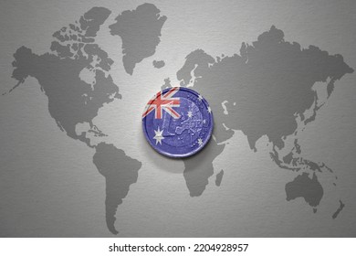 Euro Coin With National Flag Of Australia On The Gray World Map Background.3d Illustration. Finance Concept