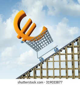 Euro Currency Rise Financial Concept As A Three Dimensional European Money Icon In A Shopping Cart Going Up A Roller Coaster As An Economic Symbol For A Steep Percentage Gain In European Money.