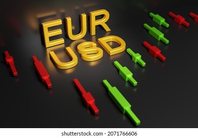 The Euro Dollar Currency Pair On The Forex Market In The Dark With A Chart Of Japanese Candlesticks, Trading EUR USD During Volatility, 3d Rendering