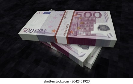 Euro Money Pack 3d Illustration. 500 EUR Banknote Bundle Stacks. Concept Of Finance, Cash, Economy Crisis, Business Success, Recession, Bank, Tax And Debt. Eurozone In European Union.