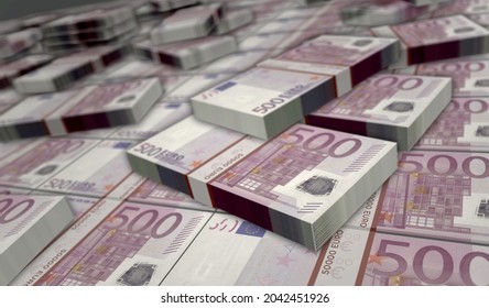 Euro Money Pack 3d Illustration. 500 EUR Banknote Bundle Stacks. Concept Of Finance, Cash, Economy Crisis, Business Success, Recession, Bank, Tax And Debt. Eurozone In European Union.