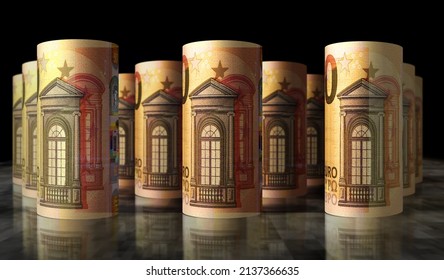 Euro Money Pack 3d Illustration. 50 EUR Banknote Roll. Concept Of Finance, Inflation, Cash, Economy Crisis, Business Success, Recession, Bank, Tax And Debt. Eurozone In European Union.