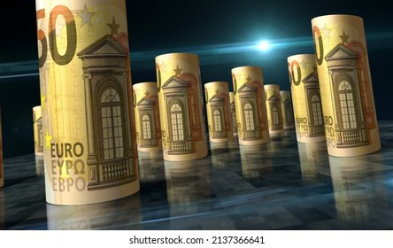 Euro Money Pack 3d Illustration. 50 EUR Banknote Roll. Concept Of Finance, Inflation, Cash, Economy Crisis, Business Success, Recession, Bank, Tax And Debt. Eurozone In European Union.