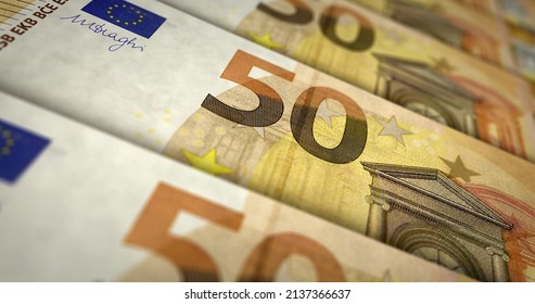 Euro Money Print 3d Illustration. 50 EUR Banknote Printing. Concept Of Finance, Cash, Economy Crisis, Business Success, Recession, Bank, Tax And Debt. Eurozone In European Union.