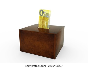 Euro Note Inside Wooden Savings Box. Generic Savings Bank, Penny Bank, Money Box. 3d Rendering