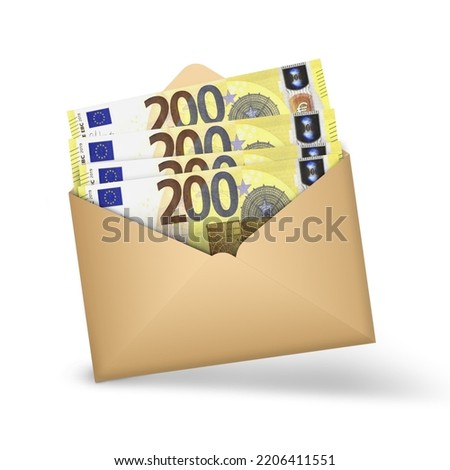 Euro notes inside an open brown envelope. 3D illustration of money in an open envelope