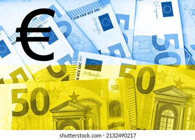 Euro sign on blue and yellow background made of euro cash banknotes. 3D rendering illustration for financial and economic topics.