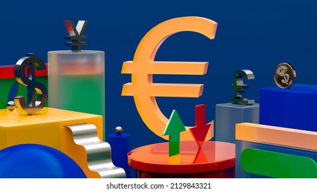 Euro Symbol Rises Above The Symbols Of Other Currencies Against The Background Of Abstract Multi-colored Shapes And Ribbons. 3D Rendering. Concept Of Finance, Exchange Rates, Forex