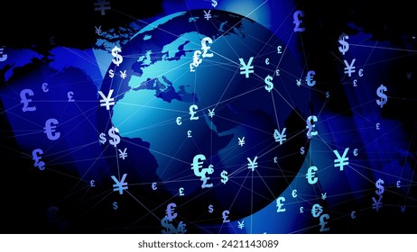 Euro as world symbol for finance pound, yen, dollar, yuan global currencies. depy globe and map backdrop for financial news, global reports, market updates, worldwide payments, and digital media - Powered by Shutterstock