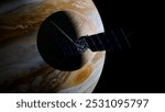 Europa Clipper spacecraft flying by the moon of Jupiter. Interplanetary reconnaissance mission. 3d rendering illustration.