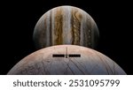 Europa Clipper spacecraft flying by the moon of Jupiter. Interplanetary reconnaissance mission. 3d rendering illustration.