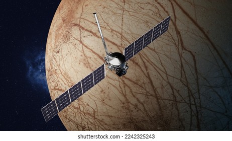 Europa Clipper will study possible signs that the moon of Jupiter Europa can harbor life. Interplanetary reconnaissance mission. 3d rendering illustration. Elements of this image furnished by NASA.