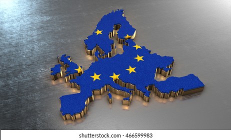 Europa Country Map 3d Render, Illustration Isolated With Flag And Golden Metal Texture