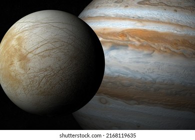 Europa Moon And Jupiter Planet In The Outer Space. 3d Rendering