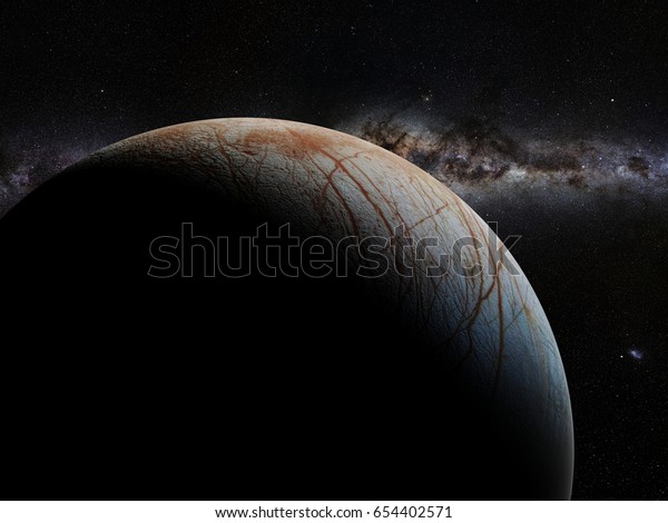 Europa, moon of the planet Jupiter in front of the\
Milky Way galaxy (3d illustration, elements of this image are\
furnished by\
NASA)