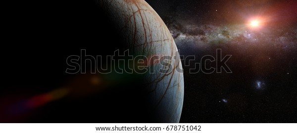 Europa, moon of the planet Jupiter in front of the\
Milky Way galaxy and the Sun \'3d render banner, elements of this\
image are furnished by\
NASA\'