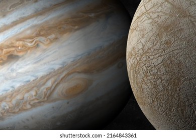 Europa Satellite And Jupiter Planet In Rotation In The Outer Space. 3d Render