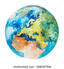 Europe And Africa On The Globe. Earth Planet. Watercolor.