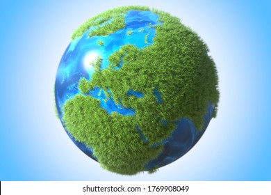 Europe, Asia And Africa Continents Covered With Grass On The Globe. Green Technology Related Conceptual 3D Rendering