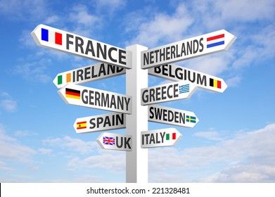 Europe destinations and flags signpost against blue sky 